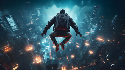 Fototapeta na wymiar BASE jumper leaping from an urban skyscraper at night, neon - lit cityscape, cyberpunk aesthetics