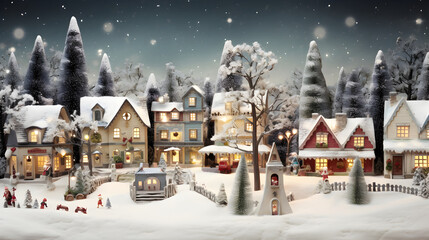 Christmas village with Snow in old retro vintage style