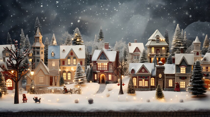 Fototapeta na wymiar Christmas village with Snow in old vintage style