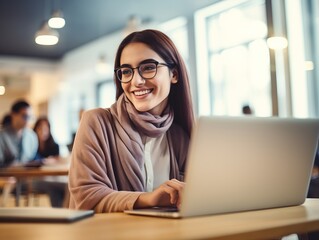 cute female student enjoys working with laptop in class