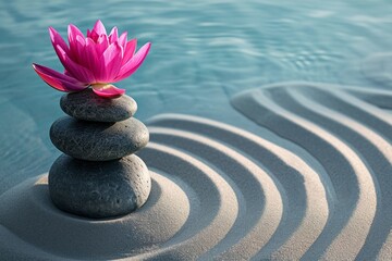 Serene Water Lotus and Zen Stones.
A serene lotus atop Zen stones against rippled water background.