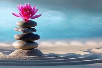 Lotus Flower Atop Zen Stone Pile.
Vibrant pink lotus balanced on a cairn with a blue background.
