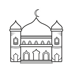 Mosque or masjid building for praying icon vector illustration outline isolated on square white background. Simple flat black and white monochrome minimalist cartoon art styled drawing.