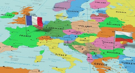 France and Bulgaria - pin flags on political map - 3D illustration