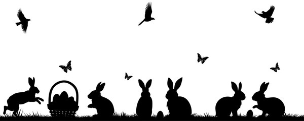 Silhouettes of Easter bunnies, butterflies, birds and a basket of eggs on the grass. Vector of different rabbit silhouettes for design. Easter and bunny. - obrazy, fototapety, plakaty
