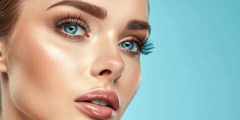 Eyelash extensions. Beautiful woman with extreme long false eyelashes - obrazy, fototapety, plakaty