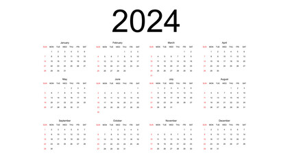 Classic monthly calendar for 2024. Calendar in the style of minimalist square shape. The week starts on Sunday. Work or business calendar. 2024 calendar in minimalist style.