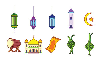 Islamic Eid Mubarak Ramadhan Idul Fitri themed colorful vector icon set collection outlined isolated on white background. Simple flat minimalist cartoon art styled drawing.
