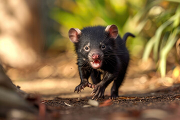 A playful Tasmanian Devil pup in a moment of youthful exuberance