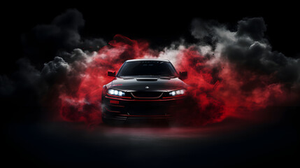 Super car on dark black background and red smoke