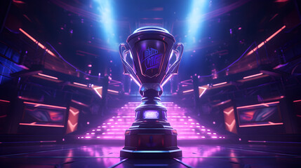 Fototapeta premium The esports winner trophy standing on the stage in the middle of the arena of the computer video game championship