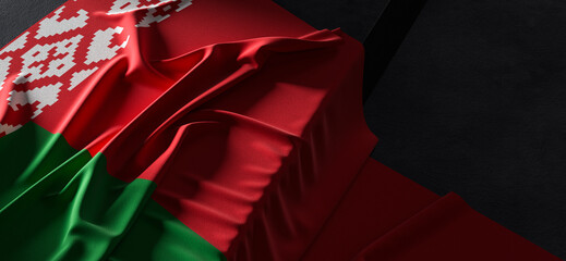 Flag of Belarus. Fabric textured Belarus flag isolated on dark background. 3D illustration