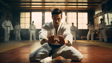 Zelfklevend Fotobehang Karate asian martial art training taking place in a dojo hall. © Trendy Graphics