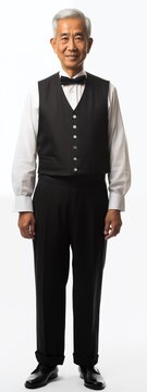 Old Senior Asian Male Man Butler Servant . White Background . Generative Ai