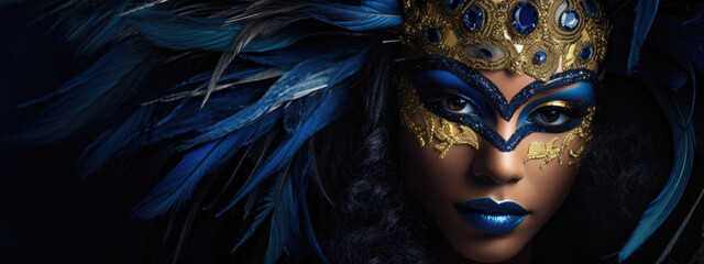 Portrait of sexy african brazilian woman in golden and green emerald venetian carnival mask