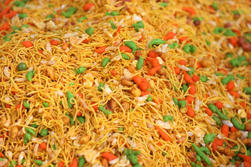 Traditional spicy bombay mixture in indian street shop