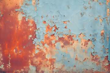 Bright rich colors of old grunge cracked blue weathered wall paint peeling off red rusted metal sheet. Textured background for posters and bloggers