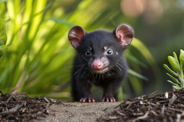 A playful Tasmanian Devil pup in a moment of youthful exuberance