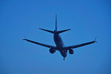 The plane is flying in the sunset evening sky.