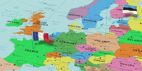 France and Estonia - pin flags on political map - 3D illustration