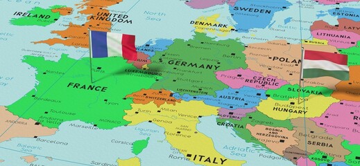 France and Hungary - pin flags on political map - 3D illustration