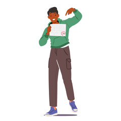 Excited Male Student Character Proudly Displays An A On His Test, Beaming With Achievement And Confidence