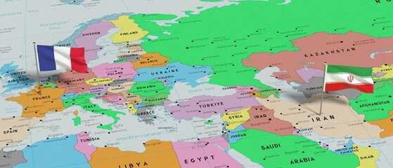 France and Iran - pin flags on political map - 3D illustration