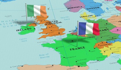 France and Ireland - pin flags on political map - 3D illustration