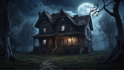 Creepy old house in the forest with the moon in the night sky