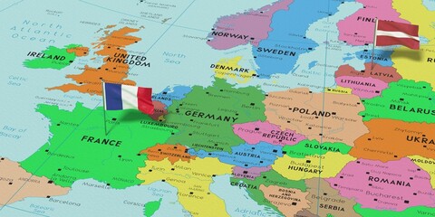 France and Latvia - pin flags on political map - 3D illustration