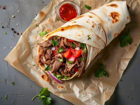 Donner kebab chicken shaorma wrap up close view with vegetables
