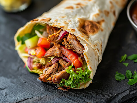 Donner kebab chicken shaorma wrap up close view with vegetables