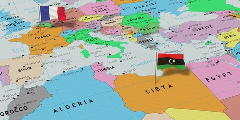 France and Libya - pin flags on political map - 3D illustration