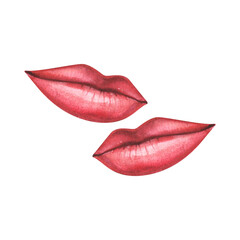 Beautiful lips close up. Plump lips with red lipstick. Glossy lipstick. Part of a woman's face. Watercolor illustration. Beauty and fashion concept