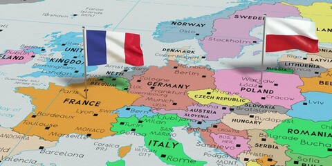 France and Poland - pin flags on political map - 3D illustration