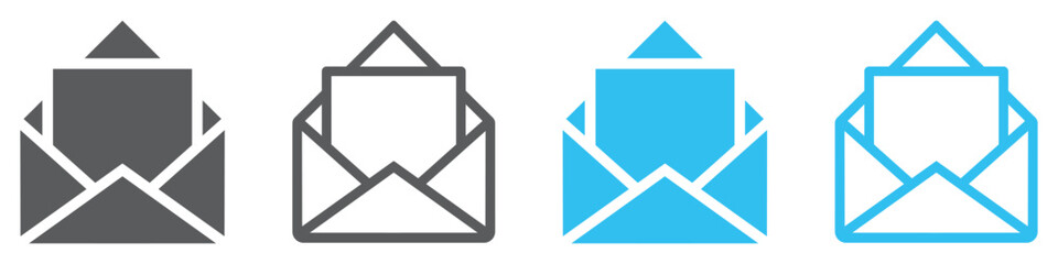 Set of mail envelope icons. Email symbol, newsletter sign, open email address. Open envelope pictogram, mail services. Vector.