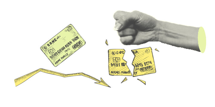 Collage with halftone-style hand statue. Minimalist finance-themed money crisis metaphor concept. Idea for banner composition with broken bank cards and fist. Cutouts magazine. Vector illustration