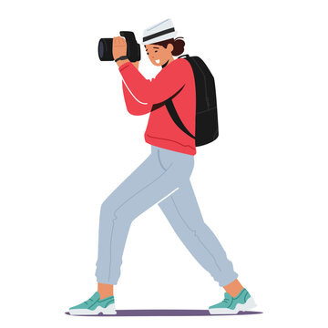 Woman Travel Photographer Captures The World Diverse Landscapes, Cultures, And Moments, Vector Illustration