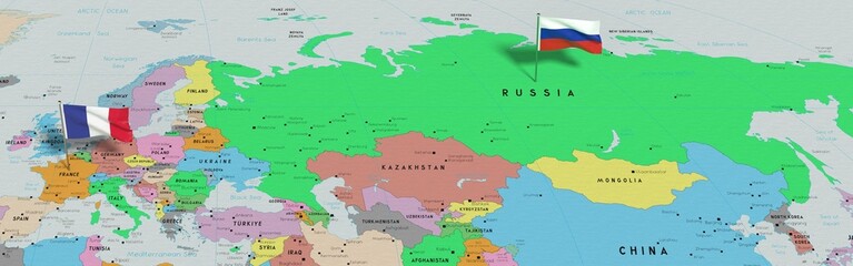 Obraz premium France and Russia - pin flags on political map - 3D illustration