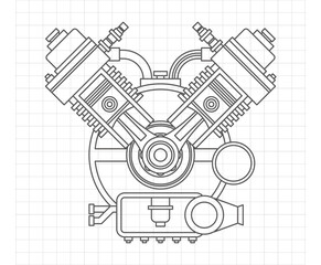 An internal combustion motor. In the drawing engine of the machine, the section illustrates the inner structure - the cylinders, pistons, the spark plug.