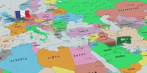 France and Saudi Arabia - pin flags on political map - 3D illustration