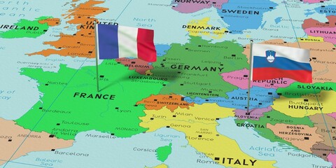 France and Slovenia - pin flags on political map - 3D illustration