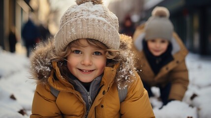 Happy little boy and girl in winter clothes having fun outdoors, playing and enjoying the cold weather