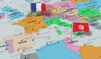 France and Tunisia - pin flags on political map - 3D illustration