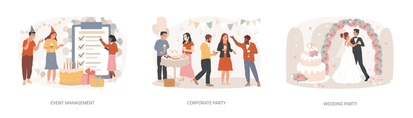 Entertainment service isolated concept vector illustration set. Event management, corporate and wedding party, meeting organizer, planning service, team building, celebration vector concept. - obrazy, fototapety, plakaty