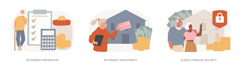 Retirement financial planning isolated concept vector illustration set. Retirement preparation, investments and elderly financial security, retiree budget, pension account, seniors vector concept. - obrazy, fototapety, plakaty