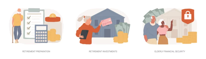 Foto op Canvas Retirement financial planning isolated concept vector illustration set. Retirement preparation, investments and elderly financial security, retiree budget, pension account, seniors vector concept. © Vector Juice
