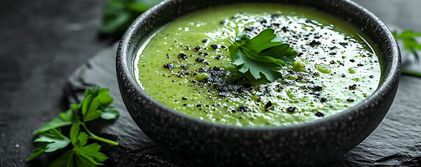 Top view of homemade broccoli cream soup with fresh green parsley in a white bowl on a stone tabletop. A healthy vegan dish. - obrazy, fototapety, plakaty