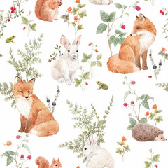 Beautiful seamless pattern with hand drawn watercolor forest fox hare hedgehog and squirrel animals and plants with berries. Stock illustration. Popular design. - obrazy, fototapety, plakaty