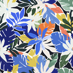 Beautiful vector tropical seamless pattern with hand drawn digital palm tree leaves and jungle flowers. Stock floral design for textile, gift wrapping and wallpapers.